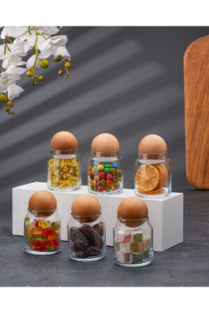مجموعة من 6 صناديق زجاجية مع كرات خشبية، وعاء السكر، وعاء التغذية، وعاء التوابل وعاء التخزين 0-25 مل - Demirhan Home