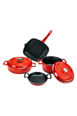 منز-تريدي 6 قطعة حمراء معدنية طباخات الحديد المعدة ليفا عصرية 5 قطعة حمراء - Lava