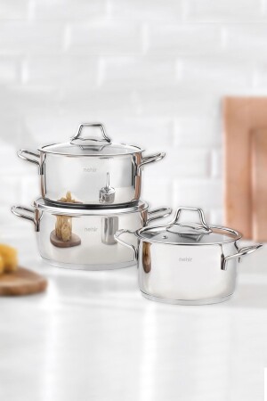 منز الفضة الكلاسيكية 6 قطعة من الصلب مجموعة طباخات عميقة نيهير الفضة الكلاسيكية 6 قطعة - Nehir