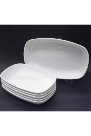 6 Adet Beyaz Melamin Kayık Tabak 28x18cm Büyük Boy Salata Tabağı Günlük Kullanıma Hesaplı Oval Tabak es-2021-11-03-12 - 1