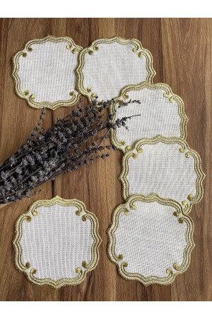 6 Adet Curly Modeli Gold Renk Nakışlı Kahve Yanı Kokteyl Sunum Peçete - Nurhan Home Collection