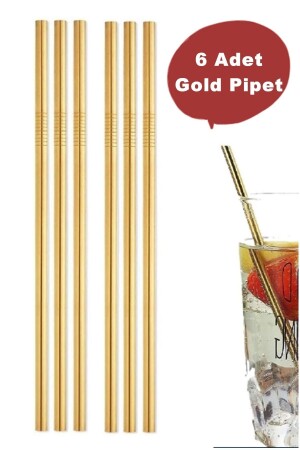 6 Adet Gold Pipet Paslanmaz Çelik Meşrubat Pipeti Çubuk Pipet - 3