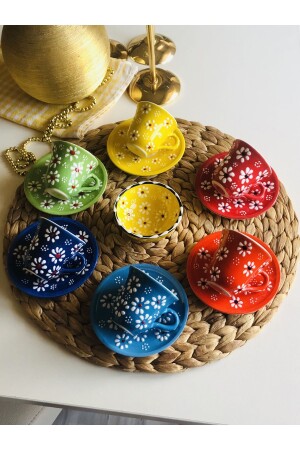 مجموعة من زهور ديزي الملونة من 6 كوبات قهوة و كوب من الكأس - Den Tasarım Hediyelik