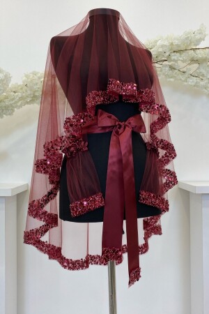 مجموعة من الحجاب العروسية من بورغوندي - كريستال زجاجي لامع - اللؤلؤ والسيكين حجاب الحنّة المزروعة 6 قطع - Zeymerade