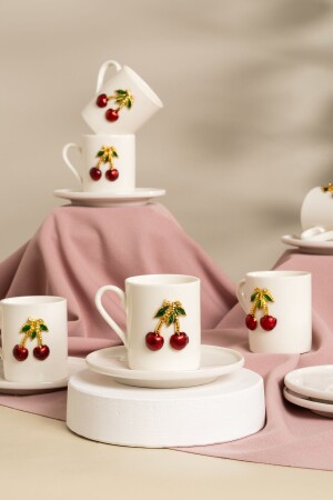 6 kişilik Kiraz Model 12 Parça Porselen Kahve Fincan Takımı - Şık Kahve Fincan Seti 120 ml - MEST