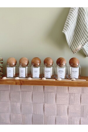 MNZ-6-piece Glass Spice Jar Set مع غطاء الكرة الخشبية + 6 ملعقة صغيرة / 300 مل / مع علامة BH6ff - BUCOLIC