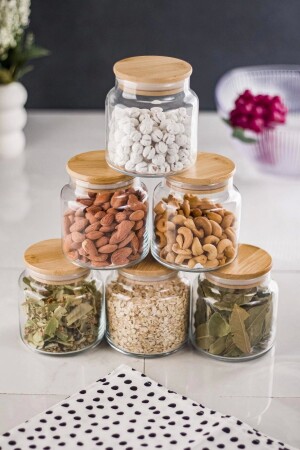 6 Lı Set Bambu Kapaklı Cam Kavanoz & Baharat Takımı & Baharatlık 500 Ml ( Vakum Kapak ) - 3