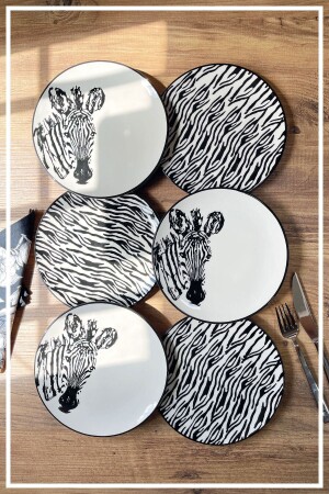 مجموعة خدمة كعكة السيراميك من 6 قطع مصنوعة يدويا من MNZ - نمط زيبرا HZR1413 - HAZARPAZAR