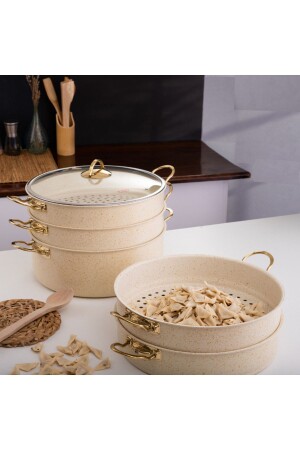 6 Parça 28 Cm Cream Ezme Seri Buharlı Pişirici- Mantı Tencere Seti 5-9 Lt - Evren