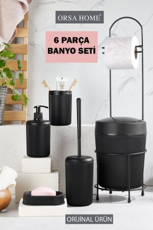 6 Parça Siyah Banyo Seti Metal Stantlı Wc Kağıtlık-kova Fırça- Katı-sıvı Sabunluk- Diş Fırçalık - 1