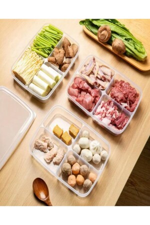 6 Stück 4-Fächer-Mahlzeitschüssel Fleisch- und Gemüse-Aufbewahrungsbehälter Hülsenfrüchte Erbsen Mais Kühlschrank-Aufbewahrungsbox BAYEV-6 Stück Hülsenfrüchte-Behälter - 4