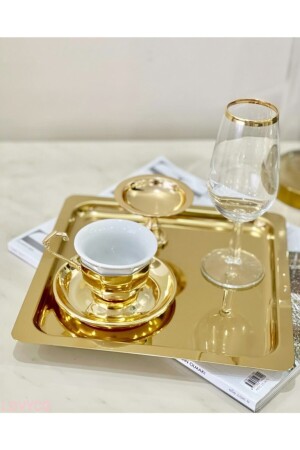 6 Stück goldenes quadratisches Edelstahl-Kaffee-Serviertablett und -teller (21 x 21 cm) bsrihome87 - 2