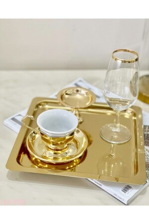 6 Stück goldenes quadratisches Edelstahl-Kaffee-Serviertablett und -teller (21 x 21 cm) bsrihome87 - 1