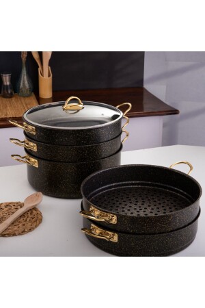 6-teiliger, 28 cm großer Gold Stone Ezme Serien-Dampfgarer – Ravioli-Topf-Set, 5–9 l - 2