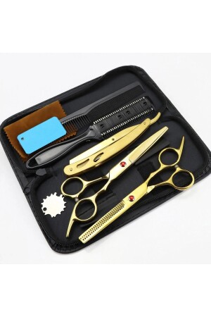 6-teiliges 6-Zoll-Valkyrie-Goldfarben-Friseur-Haarscheren-Rasierkamm-Set aus Stahl mit Ledertasche - 1