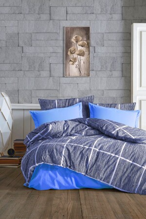 6-teiliges Bettwäscheset für Doppelbetten in Hellblau mit Karomuster und elastischen Laken - 1