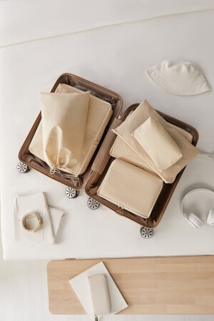 6-teiliges Koffer-Organizer-Set mit Fischgrätenmuster in Beige - 4