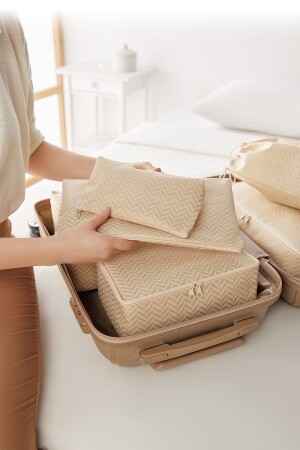 6-teiliges Koffer-Organizer-Set mit Fischgrätenmuster in Beige - 7