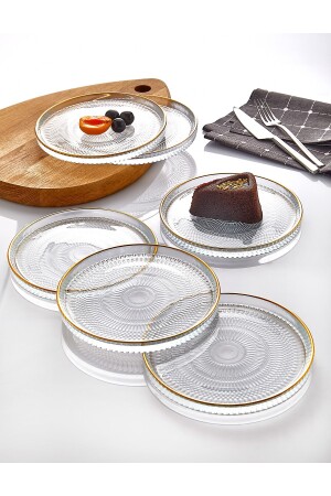 6-teiliges Kuchen-/Gebäck-Servierplatten-Set aus Glas – vergoldetes Luxus-Kuchenset (21 cm) - 2