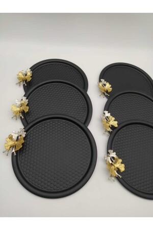 6-teiliges Schmetterlings-Runde, gemusterte schwarze Präsentation, dekoratives Serviertablett, Tee, Kuchen, Kaffee 23 cm DNLİGKLBK6 - 2