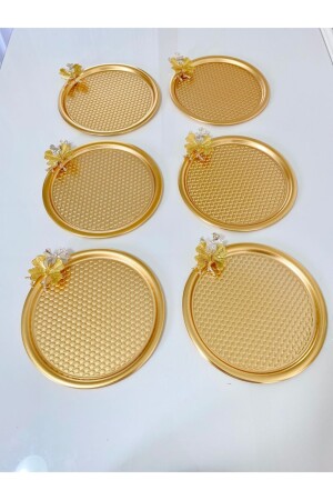 6-teiliges Schmetterlings-rundes gemustertes Goldpräsentations-, dekoratives Serviertablett, Tee, Kuchen, Kaffee 23 cm DNLİGKLBK6 - 2
