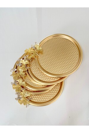 6-teiliges Schmetterlings-rundes gemustertes Goldpräsentations-, dekoratives Serviertablett, Tee, Kuchen, Kaffee 23 cm DNLİGKLBK6 - 3