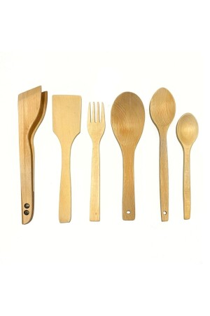 6-teiliges Set aus geöltem Buchenholz, Löffel, Holzspatel, Zange, Gabel, Servierset, 3 Löffel - 2