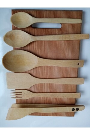 6-teiliges Set aus geöltem Buchenholz, Löffel, Holzspatel, Zange, Gabel, Servierset, 3 Löffel - 5