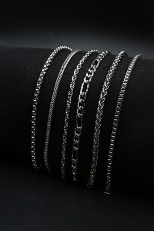 6-teiliges silberfarbenes Herrenarmband-Set mit Kette - 2