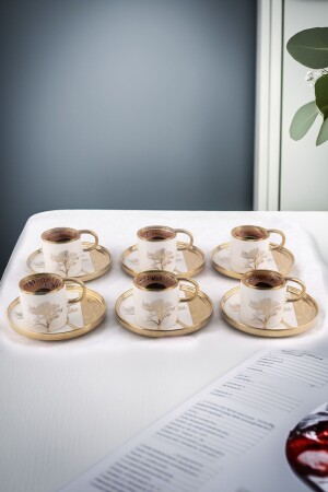 مجموعة من 6 أشجار الحياة نمطات ذهبية زمن الفورسلين كوبات قهوة أبيض - Vadi