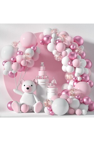 65 Adet Lüks Makaron Pembe - Krom Pembe -Beyaz Balon Zinciri Doğum Günü Balon Seti - Tatli Günler