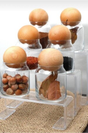 6'lı Ahşap Top Kapaklı Cam Kavanoz Seti Şekerlik Çerezlik Baharatlık Ve Saklama Kabı 0,50 Litre 01 - Demirhan Home