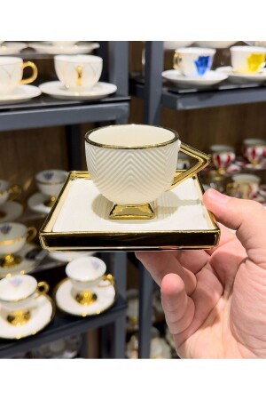 6'lı Art Deco Porselen Kahve Fincanı Beyaz Gold - Onedekor