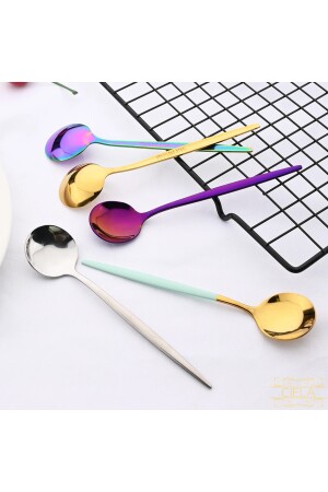 6'lı Gold Çay Kaşığı Kahve Dondurma Tatlı Kek Şeker Kaşık Seti Yuvarlak Hediyelik Coffe-Spoon - 7