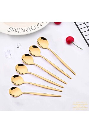 6'lı Gold Çay Kaşığı Kahve Dondurma Tatlı Kek Şeker Kaşık Seti Yuvarlak Hediyelik Coffe-Spoon - Ciela