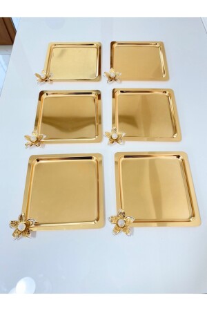 6’lı Lüx Gold Zambak Çiçekli Paslanmaz Çelik Kare Titanyum Kaplama Kahve, Çay, Sunum Servis Tepsisi KREZMK-66 - 2