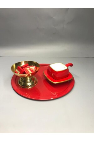 6'lı Metal Kırmızı Tek Kişilik Dekoratif Çay, Kahve Ve Pasta Servisi Sunum Tepsisi 23 Cm MZ22RNK666 - 4