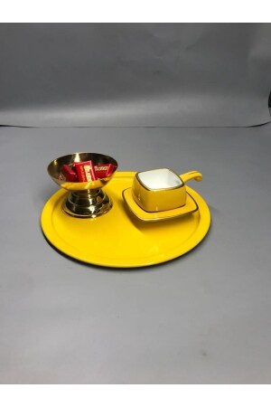 6'lı Metal Sarı Tek Kişilik Dekoratif Çay, Kahve Ve Pasta Servisi Sunum Tepsisi 23 Cm MZ22RNK666 - 5