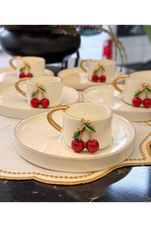 6'lı Respiro Sunum Tabaklı Kahve Fincanı Kiraz Detaylı - Onedekor
