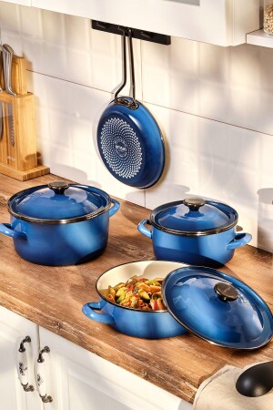 (منيز بييترا) 7 قطع (إيناميل) طباخات طعام (مجموعة (نيفي بلو 600) 15.01.2771-1 - Emsan