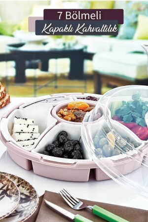 7 Bölmeli Çok Amaçlı Plastik Kahvaltılık Ve Çerezlik Seti Pembe Renk-piknik Seti GM00207 - 1