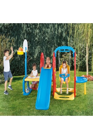 7-in-1-Kinderspielplatz mit großer Schaukel, Korb, Burg, Tisch, Wassertisch, Klimmzügen, Park mit Rutsche DJBT0299 - 6