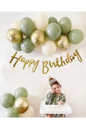 7 Küf Yeşili 3 Krom Gold 3 Kum Rengi Pastel Balon Gold Happy Birthday Banner Mini Zincir Balon Seti - Parti Dolabı