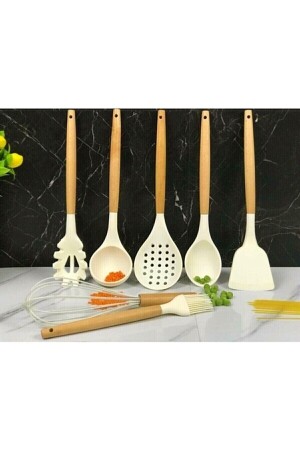 7 Parça Bambu Saplı Silikon Kepçe Spatula Mutfak Seti Kremrengi mprn-231510143 - 1