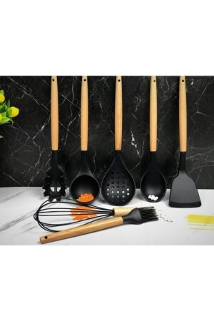 7 Parça Bambu Saplı Silikon Kepçe Spatula Mutfak Seti Siyah mprn-231510144 - 1