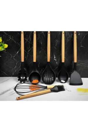 7 Parça Bambu Saplı Silikon Kepçe Spatula Mutfak Seti Siyah SN-2021-2189 - 3