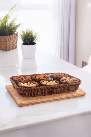7 Parça Rattan Hasır Örmeli Sunum Tabağı - Tepsili Çerezlik Set - Vadi