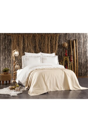 7-teiliges Amazon-Bettwäscheset für Doppelbetten aus Baumwolle in Beige mit Elefantenmuster, Rüschen und Piqué-Tagesdecke STCKHMNEV1AMZ - 3