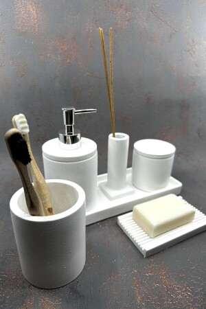 7-teiliges Badezimmer-Set, Seifenschale für feste Flüssigkeiten, Baumwollhalter, Zahnbürstenhalter, Räuchergefäß, Tablett BM-205 - 3
