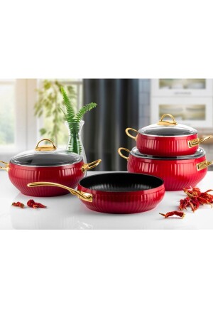 7-teiliges gemustertes Granit-Auflauftopf-Set mit goldenem Metallgriff, rote Linien, NonStick0001 - 1